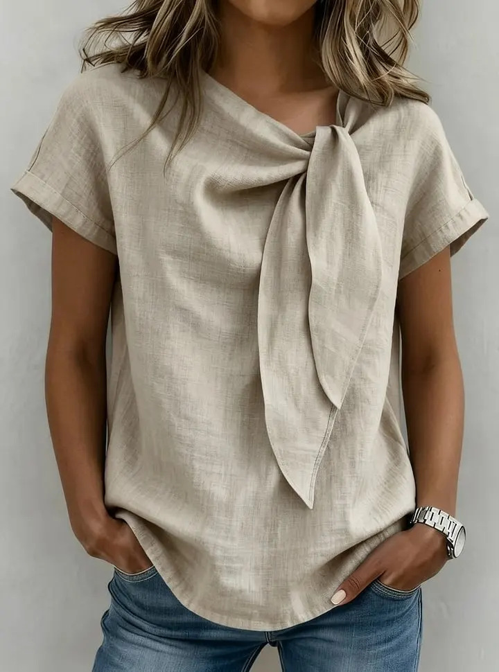 Elegant Women's Cotton Linen Blouse Bow Detail Casual Shirt Comfortable Fashionable Twist Top for Ladies_ecoleips.com