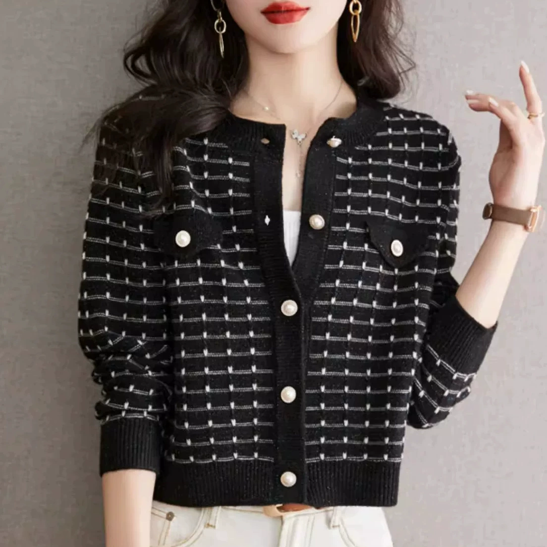 Куртка, кардиган, короткий вязаный свитер, стиль Chanel, осень, 2024 год