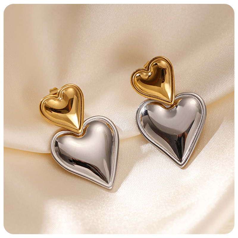 Taina Omeiins amor de moda alta sensación de textura bicolor pendientes de acero inoxidable 18k oro titanio pendientes de acero para mujeres