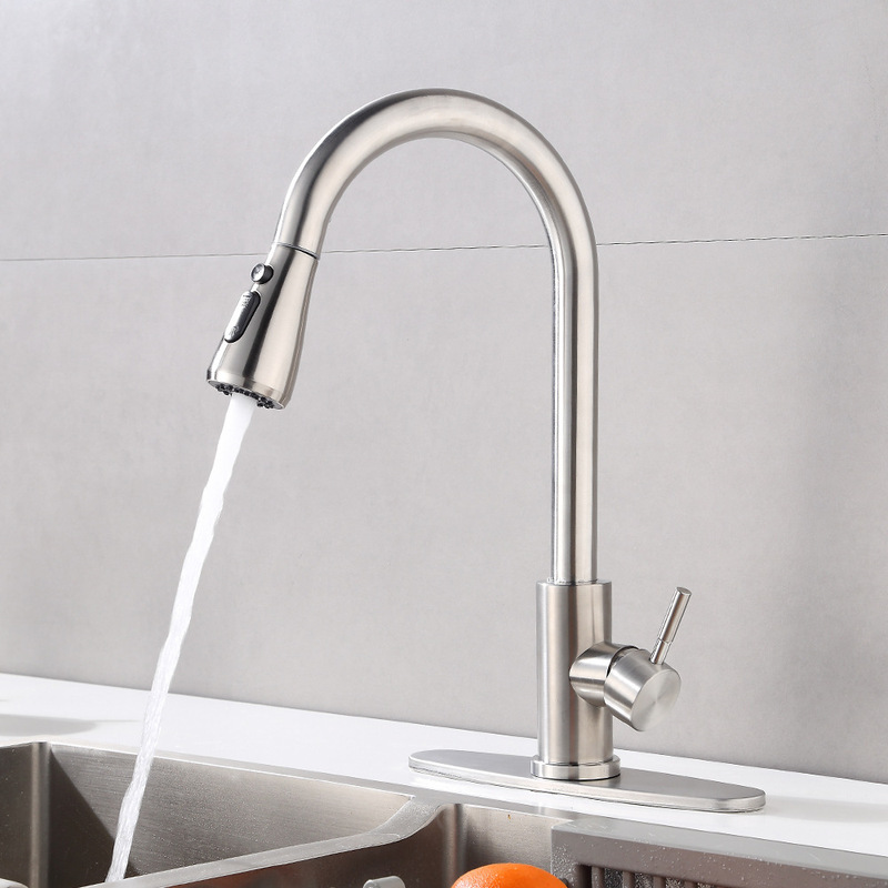 Wholesale Kitchen Faucet with Hot and Cold Water, Rotatable 304 Stainless Steel Sink Pull-Out Telescopic Three-Function Faucet