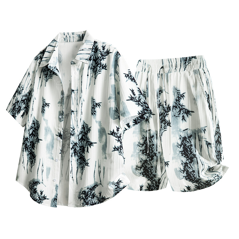 European size exclusive Chinese style, ins-style summer cool and lightweight floral shirt and shorts suit for men