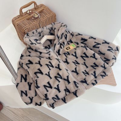 2021冬季童装韩版新款女童字母仿兔毛夹棉外套