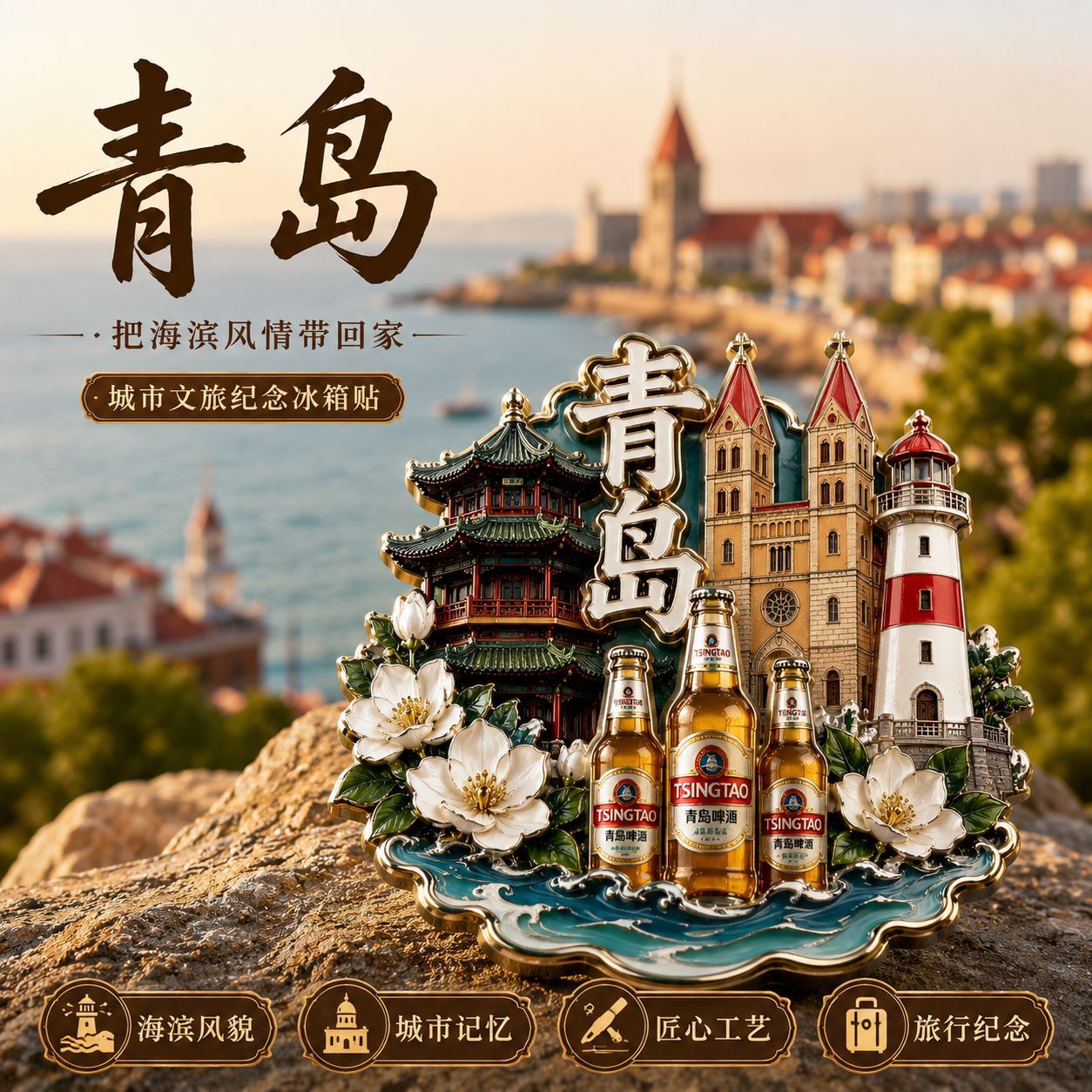 网红爆款青岛地标金属冰箱贴旅游景点文创纪念品伴手礼物装饰门贴