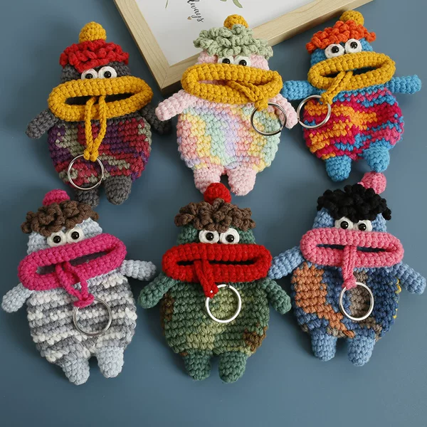 Creative hand-woven funny key bag net popular sausage mouth wool crochet pull key set hand hook finished product