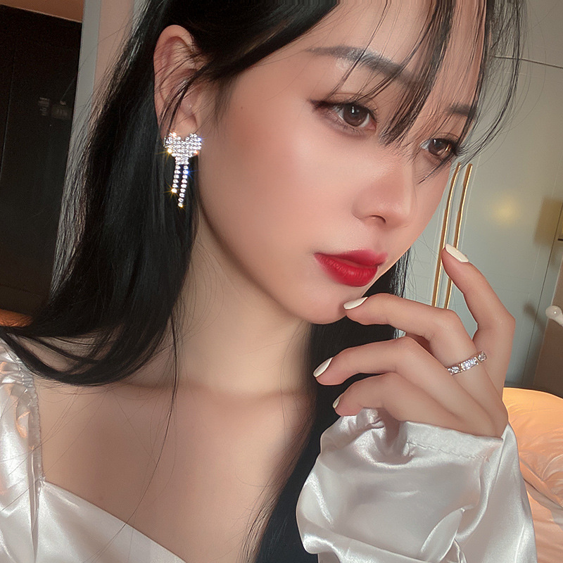 Fashion Full Diamond Heart Tassel Alloy Earring Necklace Korean Fashion Jewelry display picture 2