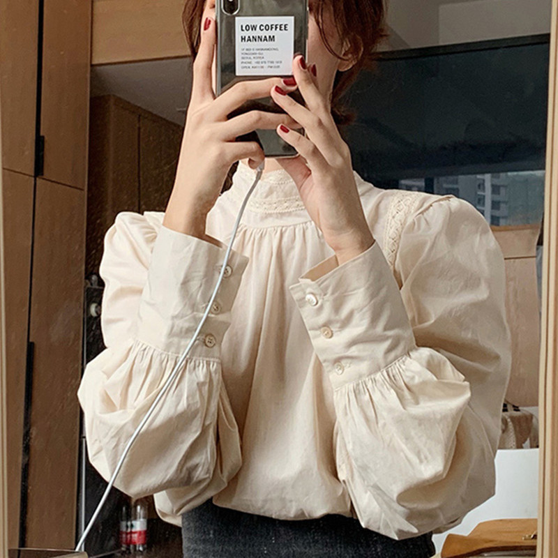 Age-Reducing Outer Shirt Inner Lace Shirt Women's Long-Sleeved Women's Mesh Puff-Sleeved Half-High Collar Super Fairy White Shirt Loose