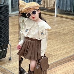 童裝女童襯衣2024春裝衣服刺繡小熊大翻領長袖純棉襯衫咖色百褶裙