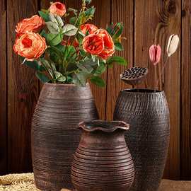 新中式粗陶罐花瓶复古手工装饰花盆客厅摆件做旧多肉复古干花插花