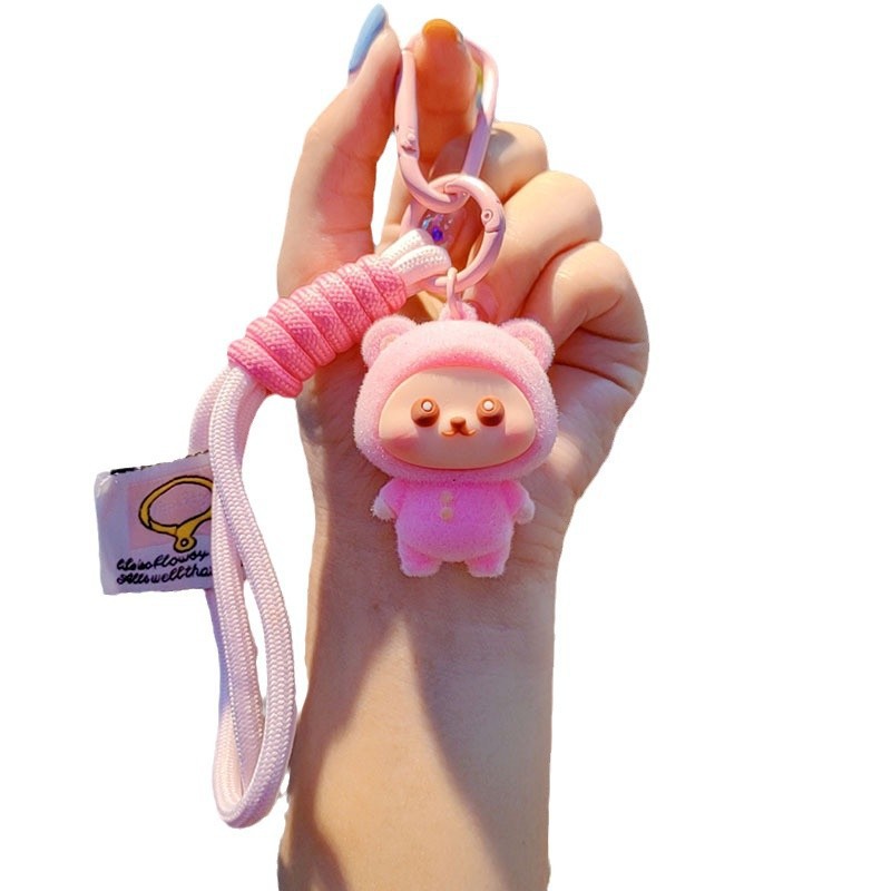 Caricatura flocado osos llavero pareja creativo llavero de automóvil lindos bolsos colgantes colgantes de teléfono móvil