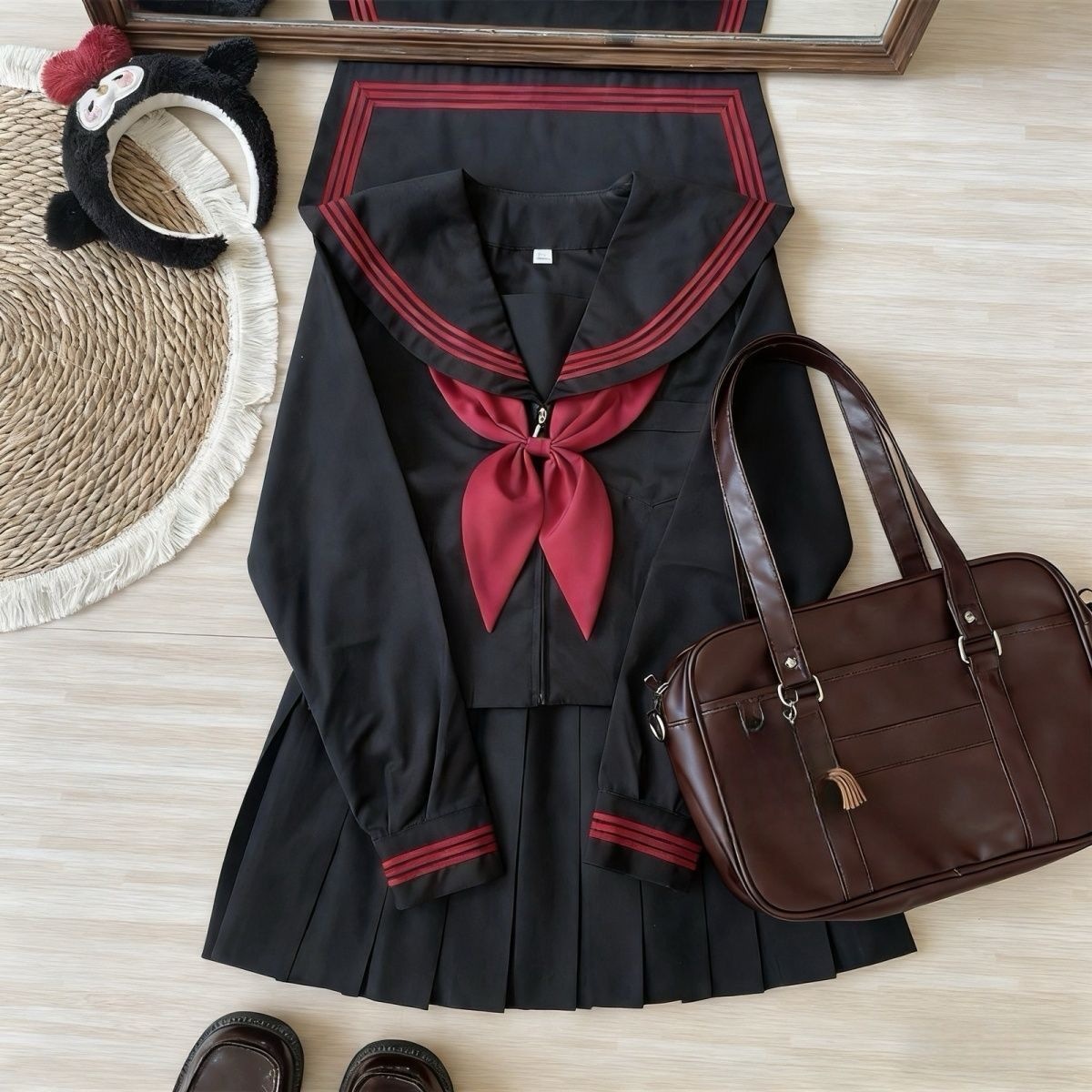 基础款黑红水手服 JK 制服套装 海军领学生百褶裙长袖短袖现货批