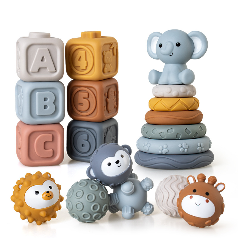Juguetes transfronterizos de agarre de mano para bebés y niños pequeños, bloques de bloques de goma suave, círculos apilados, pellizcos para bebés, juguetes apilados de bolas image 14