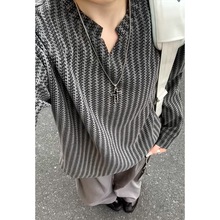 美式V领鱼骨纹长袖T恤男款秋季复古潮牌情侣体恤肌理感正肩打底衫