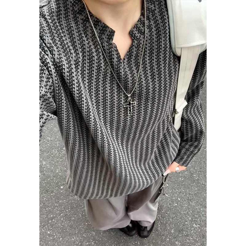 美式V领鱼骨纹长袖T恤男款秋季复古潮牌情侣体恤肌理感正肩打底衫