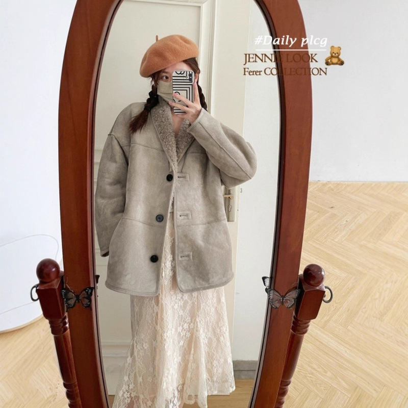 Hot Mocha Reversible Warm and Fashionable Slim Lamb Fur All-In-One Autumn and Winter New Fur Jacket for Women B365