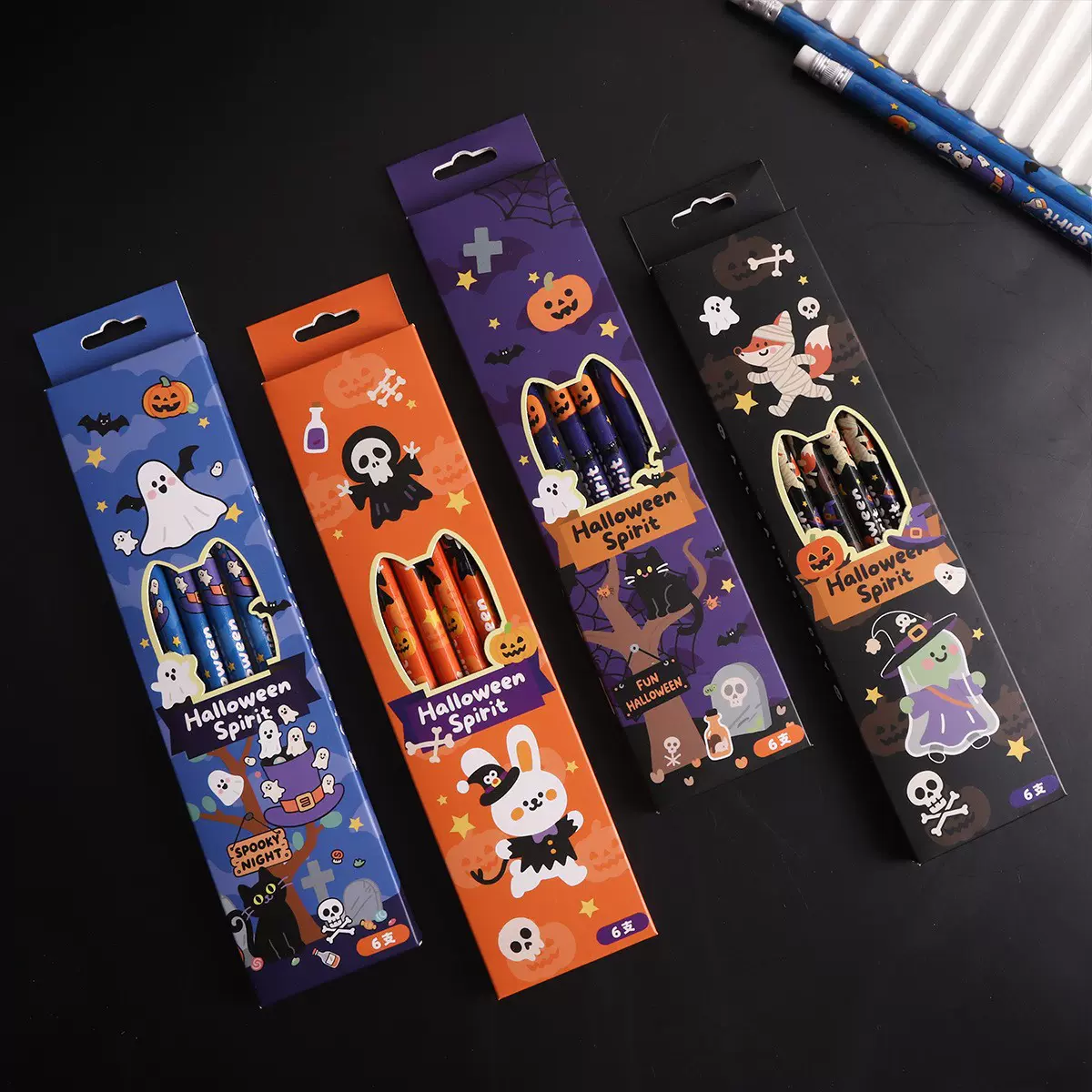 跨境万圣铅笔卡通可爱铅笔盒装6支带橡皮擦HB铅笔万圣节礼品批发