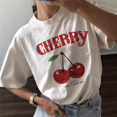 国境を越えた女装欧米の夏服は巨大なさくらんぼプリントの白い丸首半袖tシャツがカジュアルでゆったりしている
