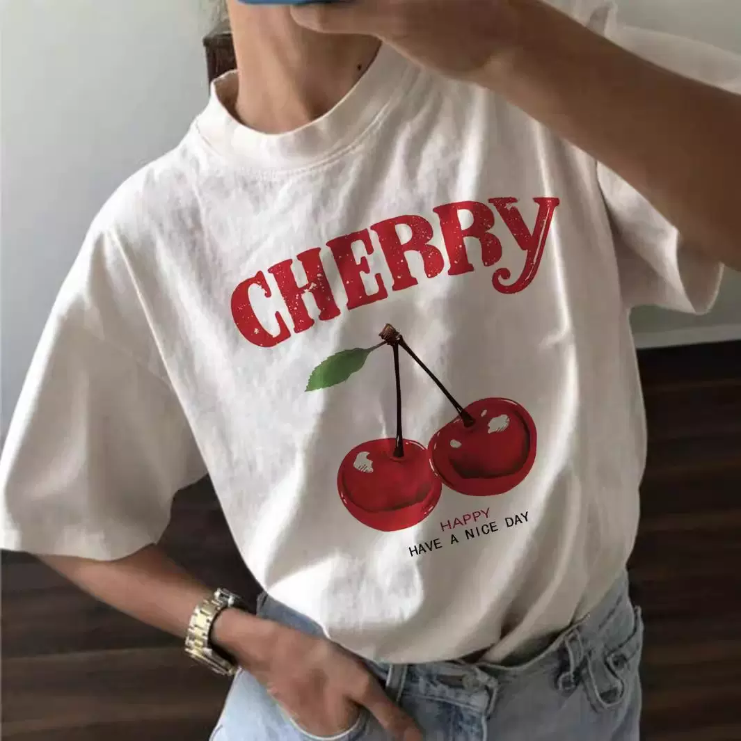 跨境女装欧美夏装超大樱桃印花白色圆领短袖T恤休闲简约宽松百搭