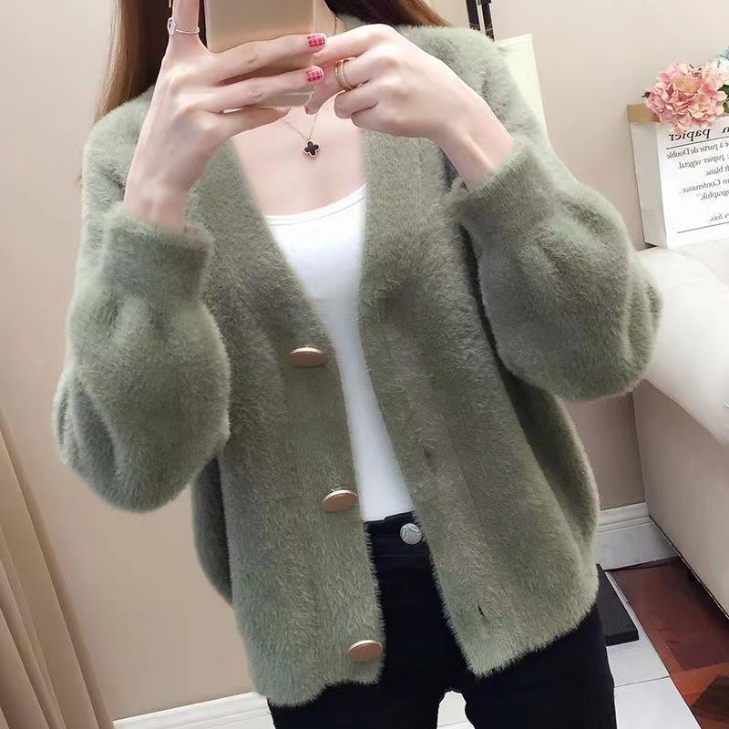 2023 otoño y el invierno nuevo estilo coreano Faux visón terciopelo punto cardigan abrigo suéter de las mujeres corto flojo exterior superior