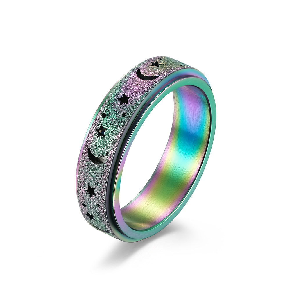 Amazon Frosted Hollow estrella Luna Acero inoxidable anillo giratorio alivio estrés titanio acero anillo de las mujeres pulsera