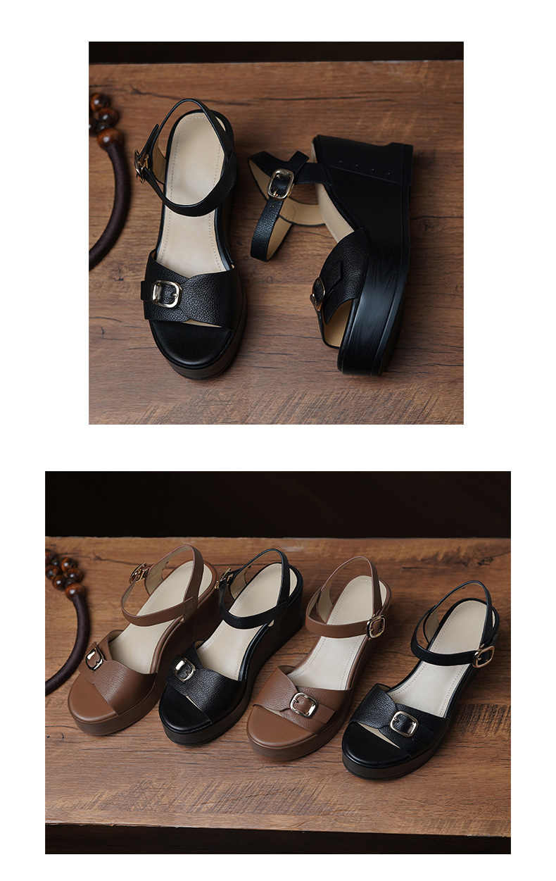 Sandal cao gót nữ mũi hở quai ngang đế xuồng da bò thật — màu nâu, màu đen chi tiết 7