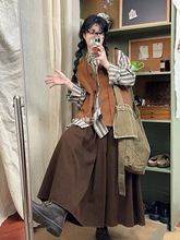 日系软妹森系简约马甲女学生秋复古半身裙休闲衬衫套装绵羊绒纯色