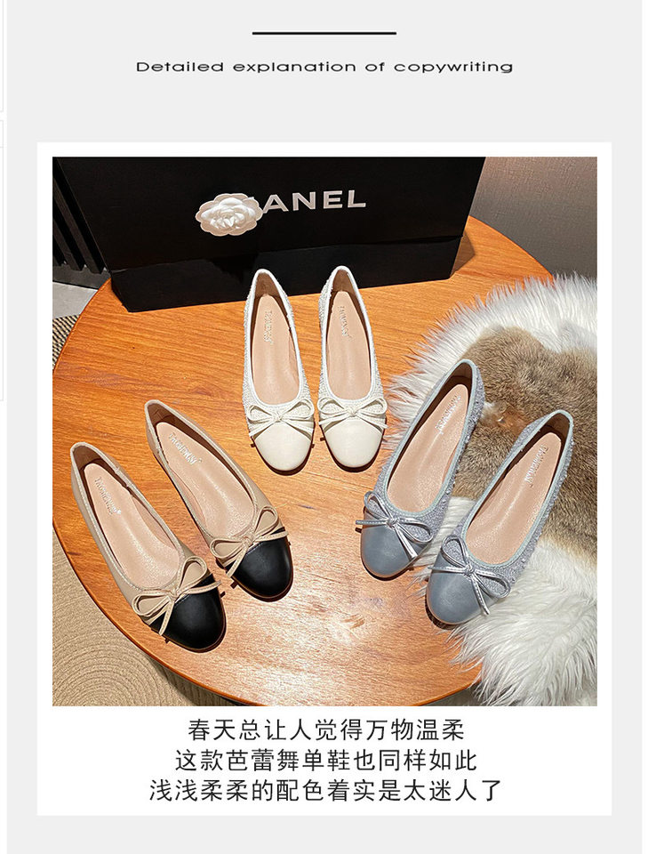 Giày búp bê nữ mũi tròn da cừu phối nơ, đế bệt gót thấp 1–3 cm — Mây Xám, Trắng sữa, Đen Mơ chi tiết 5