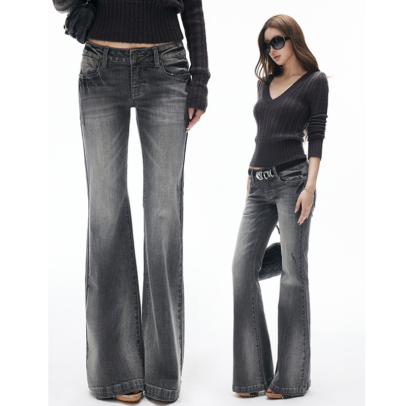 Retro Smoky Gray Flared Jeans for Women 2026 New Low-Waist Slim Fit Stretch Slimming Floor-Length Bell-Bottom Pants