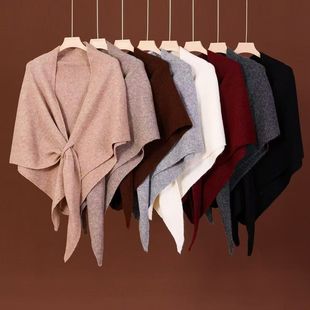 Autumn and Winter 2024 New Wool Knitted Triangle Shawl, Fashionable and Versatile Neck Protection Warm Cloak, Western Style Knotted Scarf
