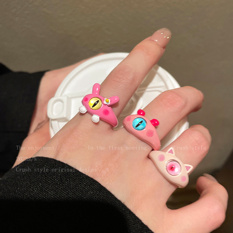 粉色系~童趣可爱喵咪怪兽戒指女2023年新款潮食指戒设计小众指环