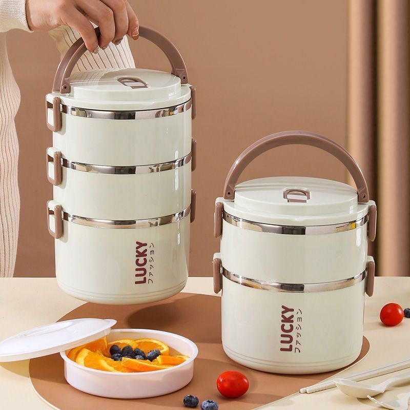 Insulated Lunch Box Food Grade Large Capacity Double-Layer Insulated Round Lunch Box with Lid for Working Students Outdoor Portable Lunch Box