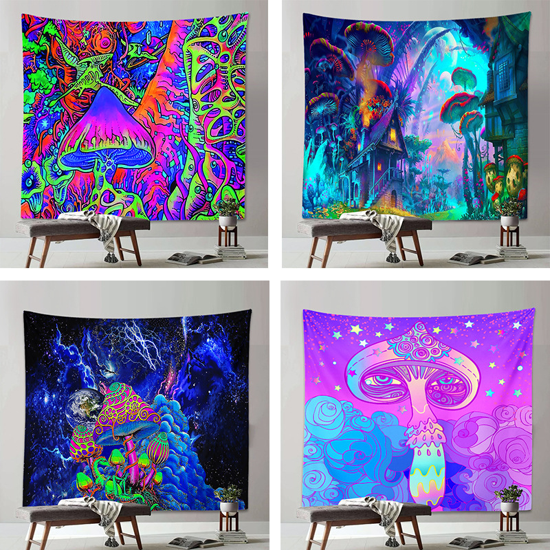 Cross-Border Hot-Selling Peach Skin Brushed Cloth Tapestry Hot-Selling Painted Mushroom Background Cloth Tapestry Hanging Cloth Sofa Underwater