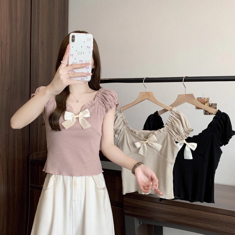 French Palace Style Sweet and Spicy One-Shoulder Puff Sleeve Bow Knitted Women's Summer Slim Short Shirt Top