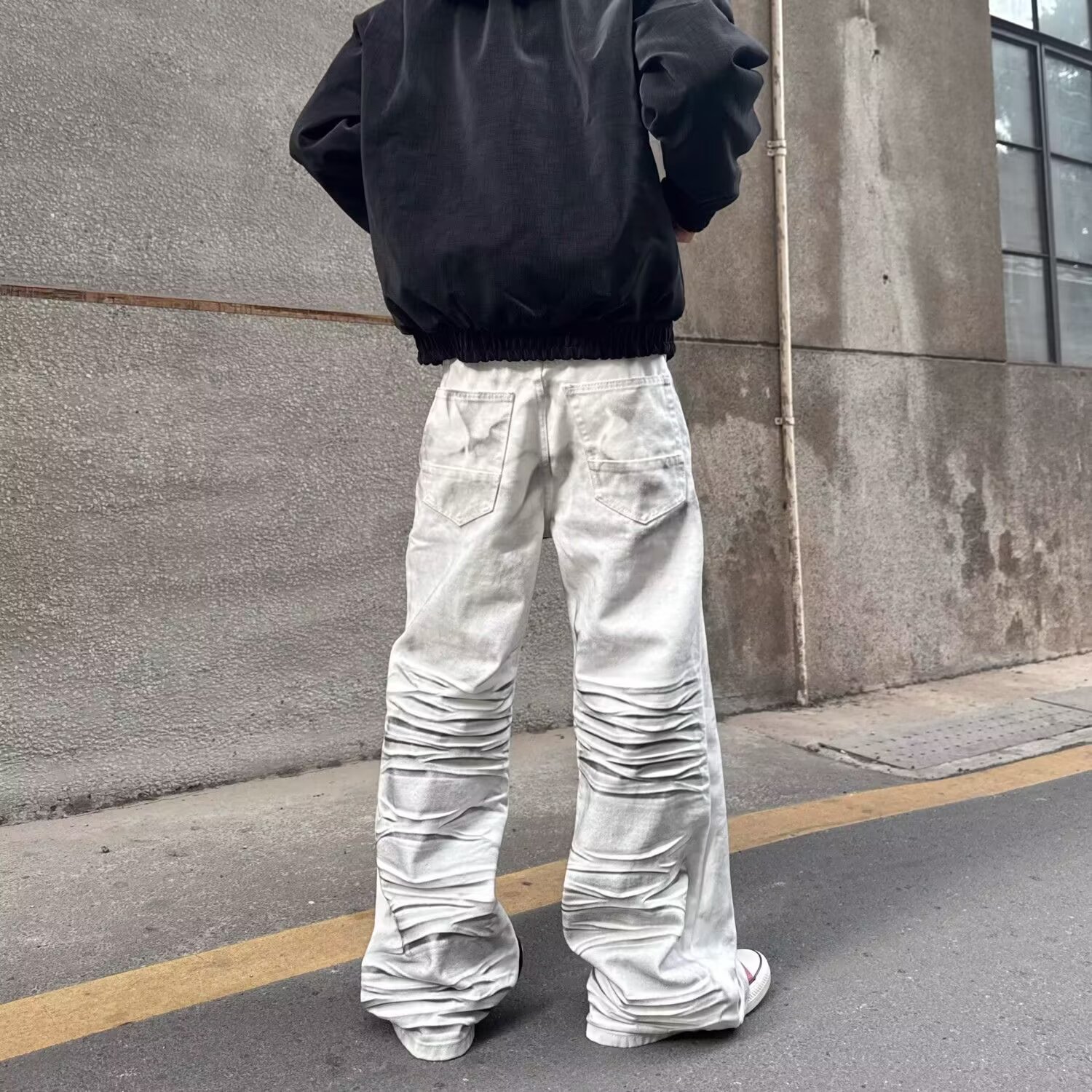 Men's Trendy Handsome Wide Leg Pants White Jeans Loose Straight Drape Dyed Distressed Washed Pleated Brand_voghion.com