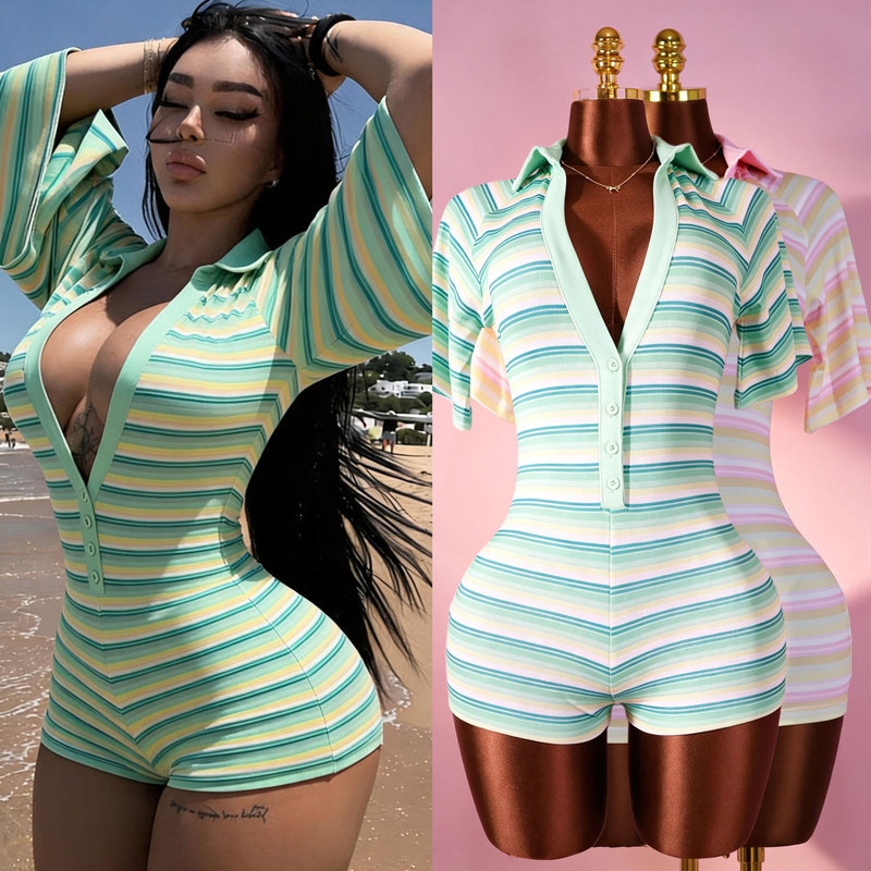 Mh1038 European and American Cross-Border Sexy Hot Girl Slim-Fit Striped Ribbed Deep V-Neck One-Piece Shorts Fashion Women's Clothing Mh1038 European and American Cross-Border Sexy Hot Girl Slim-Fit Striped Ribbed Deep V-Neck One-Piece Shorts Fashion Women's Clothing