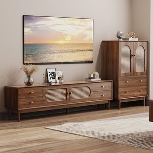 Retro Simple Rattan TV Cabinet French Nordic Small Apartment Solid Wood Living Room Home Coffee Table TV Cabinet Combination