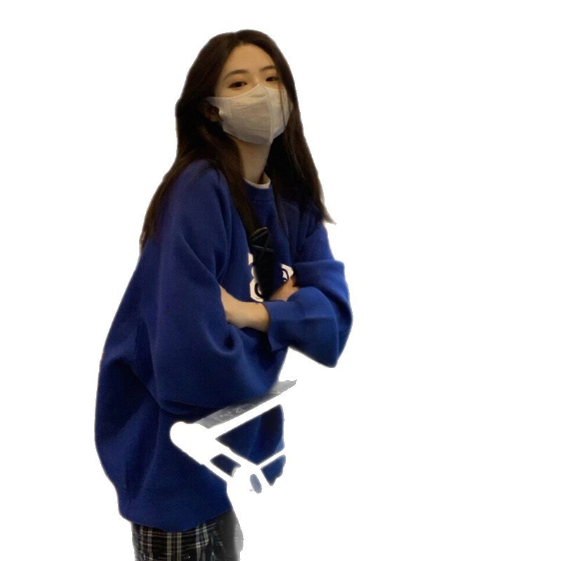 克莱因蓝圆领卫衣女春秋季新款套头设计感小众小个子宽松炸街上衣|undefined