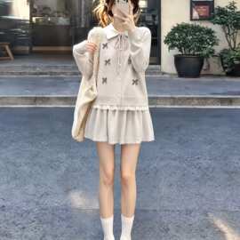新款韩系短款蝴蝶结蕾丝花边长袖翻领毛衣开衫半身裙两件套