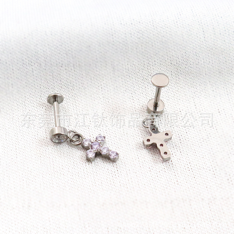 F136 Titanium Stud Earring Cylindrical Cross Pendant Inlaid 5A Zircon G23 Titanium Alloy Body Piercing Ear Bone Stud detail image 9