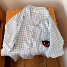 套装小格纹企鹅两件套家居服双短翻领口袋睡衣女夏季蓝网红新款