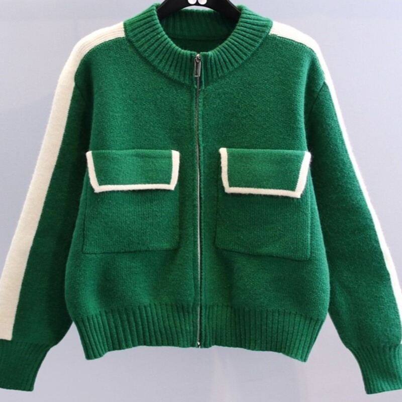 Color-Block Large Pocket Zip-Up Sweater Jacket for Women, Spring and Autumn 2025, Long-Sleeve Knit Cardigan Jacket, Thick Style Color-Block Large Pocket Zip-Up Sweater Jacket for Women, Spring and Autumn 2025, Long-Sleeve Knit Cardigan Jacket, Thick Style