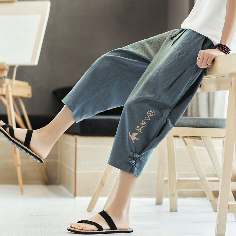 Capri Pants Linen Shorts Chinese Style Men's Pants Summer Thin Loose Cotton Linen Lantern Beach Pants Casual Trend