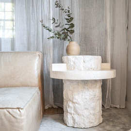 天然洞石茶几简约侘寂风个性创意破坏效果角几北欧轻奢大理石边几