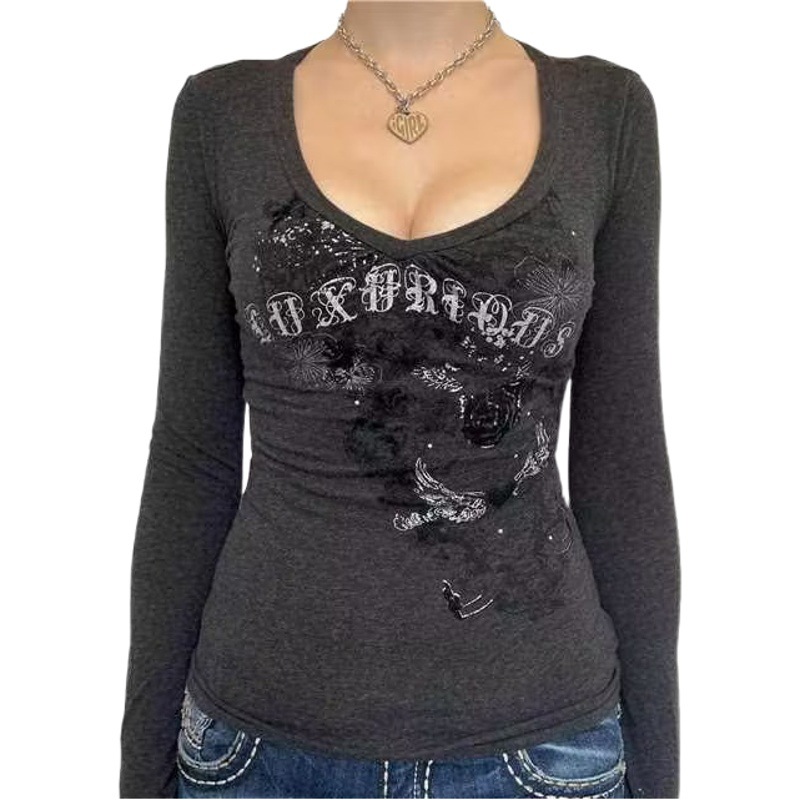 Camiseta con cuello en v de punto con estampado de letras antiguas retro americano para mujer comercio exterior transfronterizo nuevo estilo de punto top de manga larga al por mayor