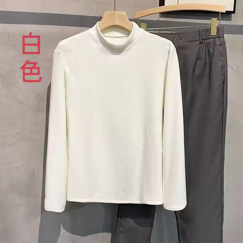가을과 겨울 따뜻한 긴팔 티셔츠 남성용 라운드 넥 미들 칼라 내부 티셔츠 탑 솔리드 컬러 양털 세미 하이 칼라 베이스 셔츠