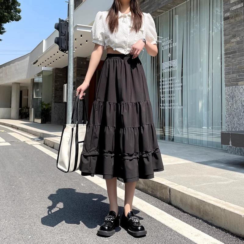 [夏季2024新款拼接白色荷叶边百搭遮跨有内衬半身裙女]