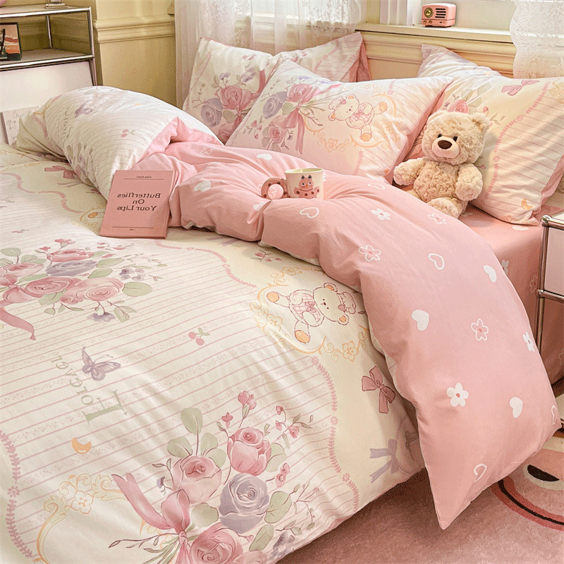 Temporada escolar cama de dibujos animados de cuatro piezas algodón puro algodón 2025 nueva funda edredón sábana dormitorio juego de tres piezas