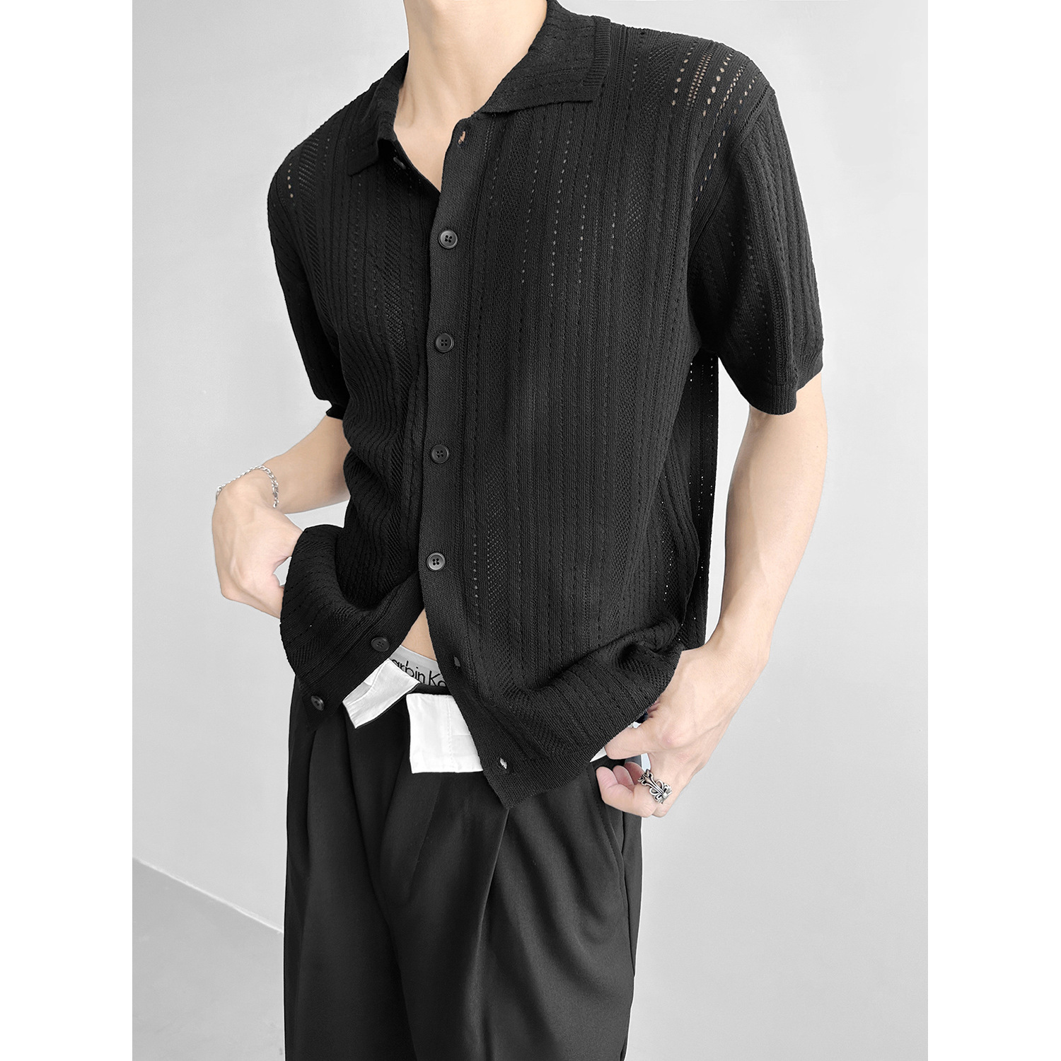 Cárdigan POLO, suéter de manga corta, hombre, seda de hielo de verano hueca, transpirable, marea empresarial británica, comercio exterior, venta al por mayor transfronteriza