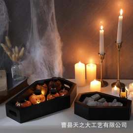 跨境万圣节托盘黑色棺材装饰零食糖果盘玄关水晶蜡烛展示盘收纳盒