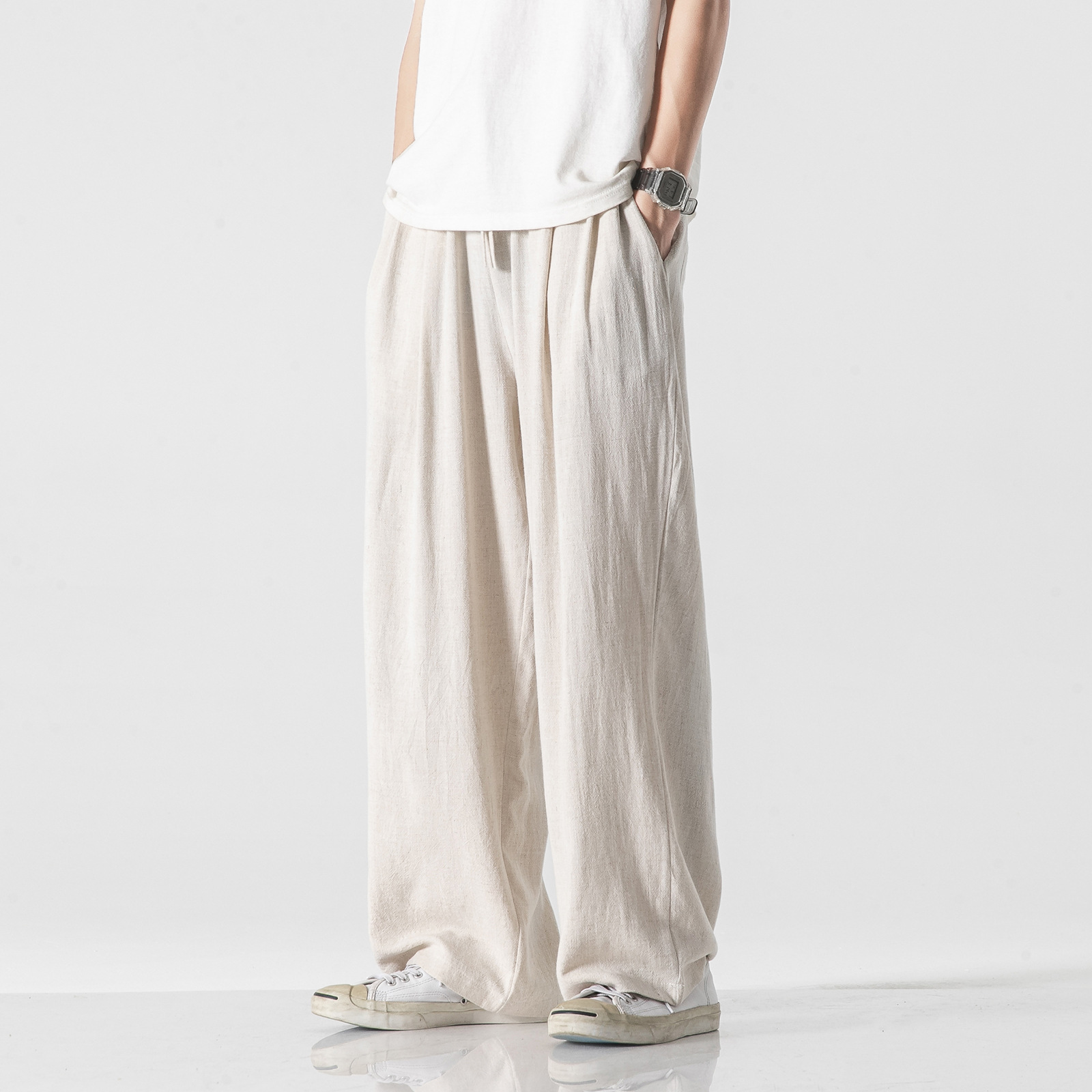 Pantalones de lino de estilo chino Pantalones deportivos rectos sueltos de los hombres ropa de algodón de verano moda nacional más tamaño pantalones de pierna ancha pantalones Casuales