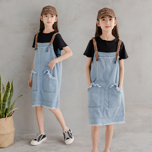 女童牛仔背带裙 夏韩版童装学院风学生吊带连衣裙T恤两件套中大童
